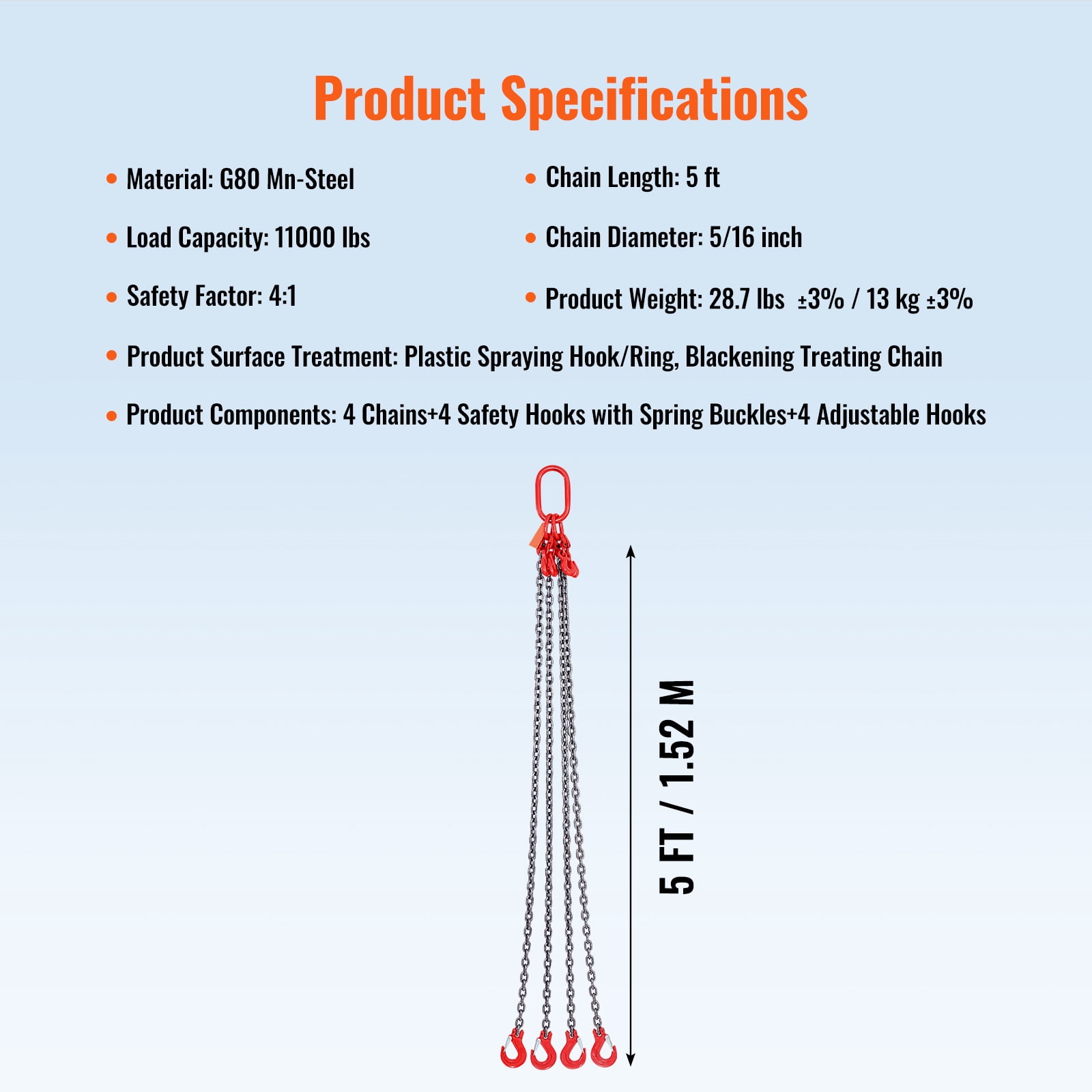 KFFKFF Chain Sling, 5/16 inch x 5 ft Lifting Chains with Hooks, G80 Engine Chain Hoist Lifts, 11000 lbs/5 Ton Lifting Sling Chains for Engine Hoist, Engine Lift Chain with 4 Leg Grab Hooks