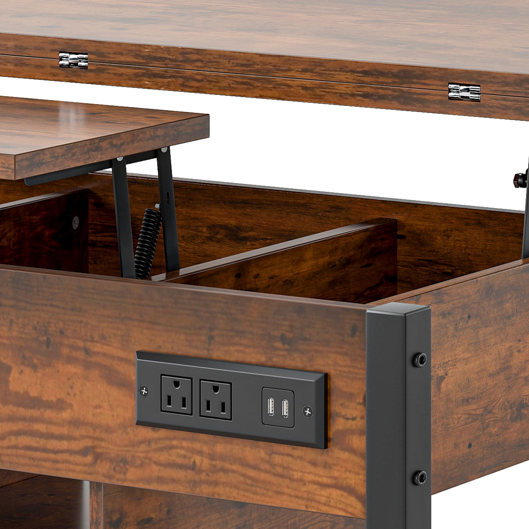 Uforic 4-in-1 Lift Top Coffee Table with RGB Light, Storage, Power Outlets, Dual Tops, Brown