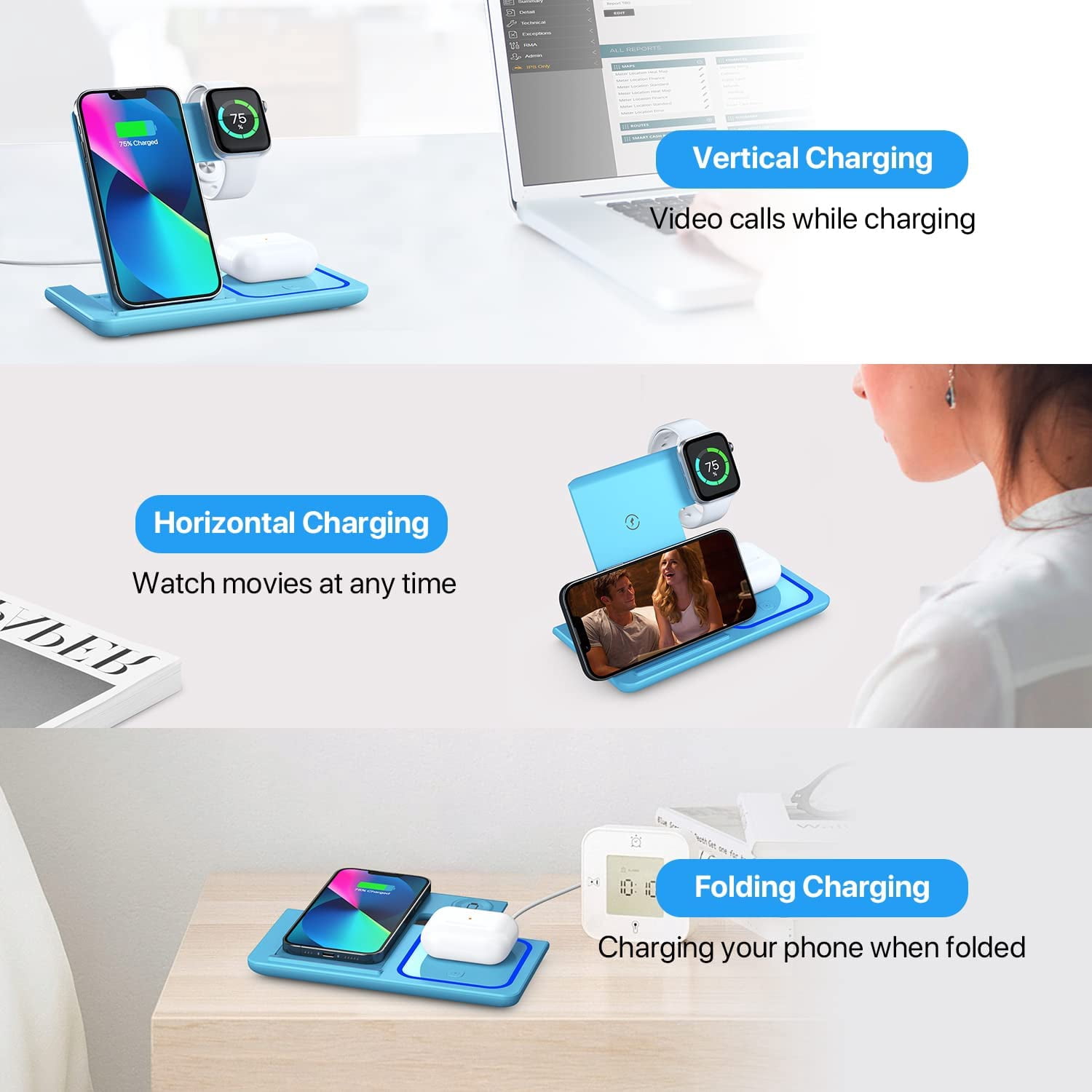 Wireless Charger, 3 in 1 Wireless Charging Station, Fast Wireless Charger Stand for iPhone 14/13/12/11/Pro/Max/XS/XR/X/8/Plus, for Apple Watch 7/6/5/4/3/2/SE, for AirPods 3/2/Pro