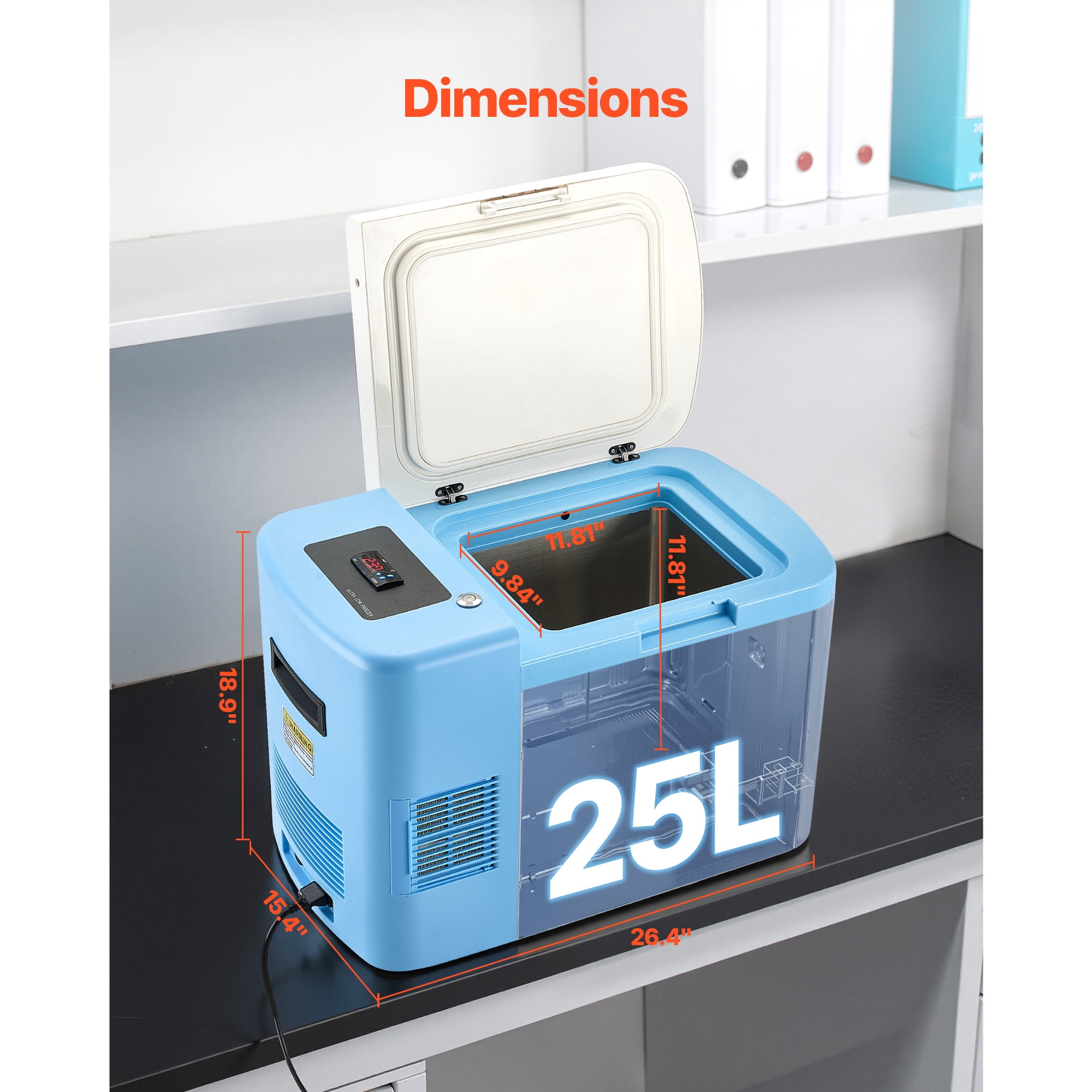 KFFKFF Portable Ultra Low Temperature Freezer, 25 L Capacity, Adjustable Temp Range from −40 ℉ to −123 ℉, Digital Display, 304 Stainless Steel Interior, Ideal for Laboratory Sample Preservation