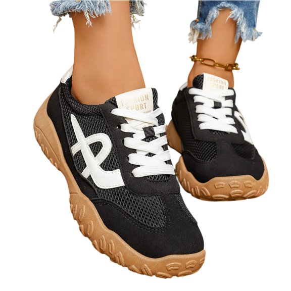 pwidon Women's Trainer Sneakers Mesh Suede Patchwork Lace Up Platform Retro Lightweight Walking Casual Athletic Shoes Black 5.5