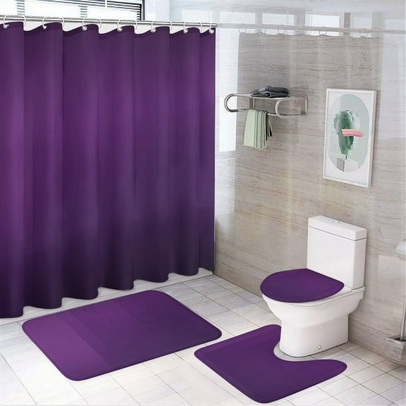 Dark Purple Gradient 4 Pcs Bathroom Shower Curtain Set, Bathroom Sets with Rugs (Bath Mat, U Shape and Toilet Lid Cover Mat) and 12 Hooks,