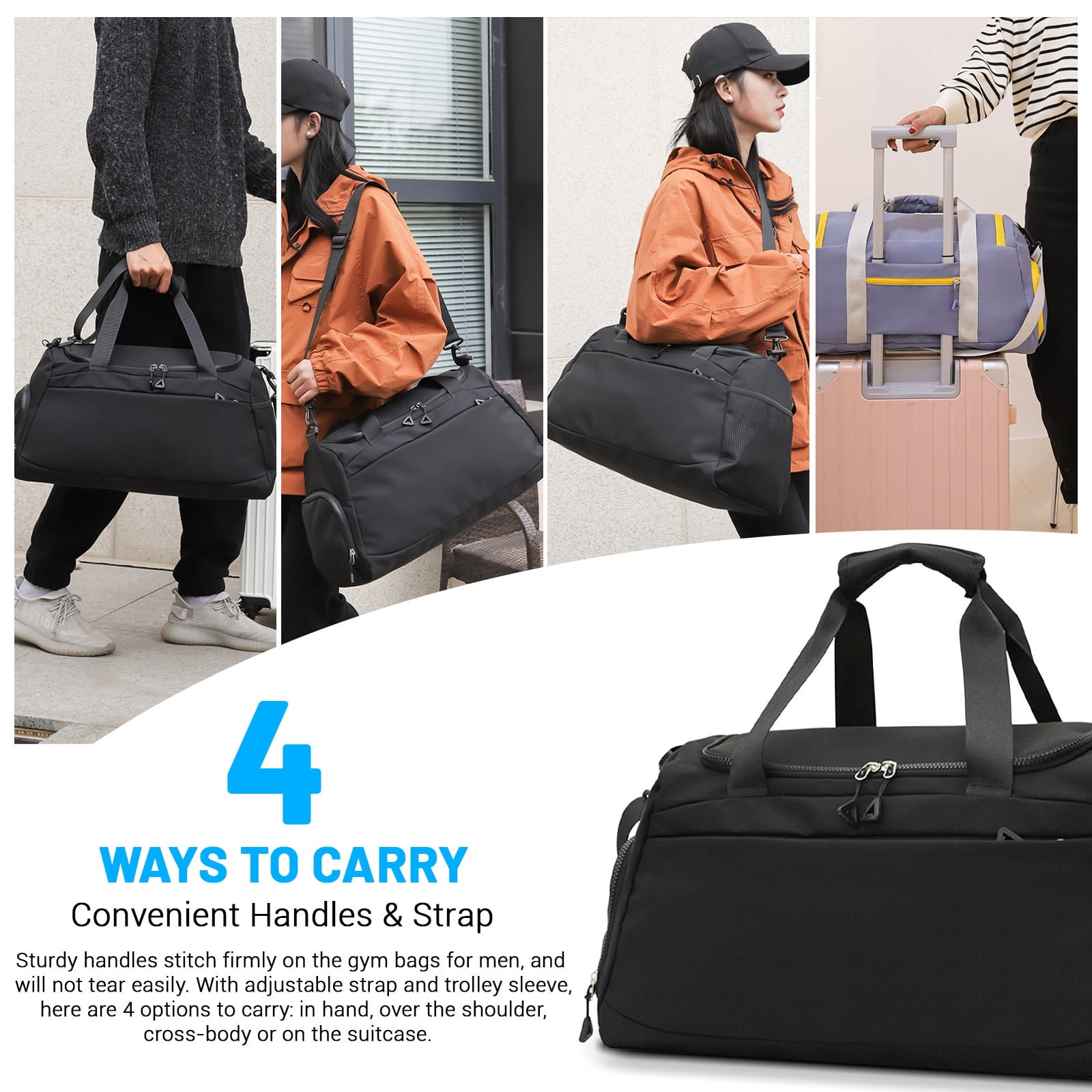 Sports Gym Bag with Wet Pocket & Shoe Compartment, Waterproof Travel Duffel Bags for Women Men, Weekender Carry on Overnight Tote Workout Bag for Yoga Swimming Hospital (Black)