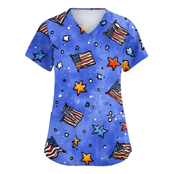 ASDFVBKG Plus Size Scrubs for Women Usa Flag 250 Anniversary Shirt 1776-2026 Medical Nursing Uniforms V Neck Fun Printed Short Sleeve Scrubs Top with Pockets Blue 5XL