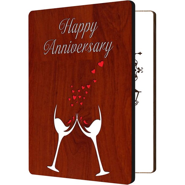 Tarjetas de feliz aniversario para ella y él, tarjeta de felicitación con sobre, hecha a mano, con copa de vino tinto hueca de madera MDF y diseño de corazón para esposo y esposa.