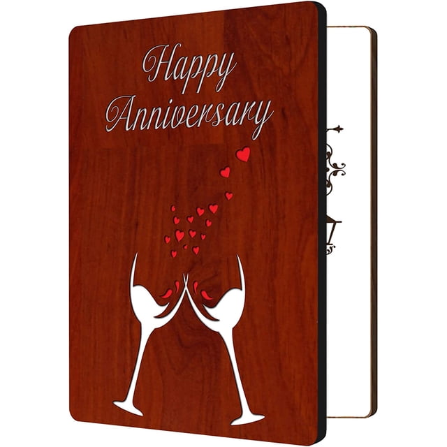Tarjetas de feliz aniversario para ella y él, tarjeta de felicitación con sobre, hecha a mano, con copa de vino tinto hueca de madera MDF y diseño de corazón para esposo y esposa.