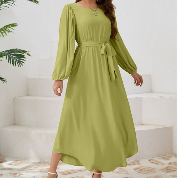 Sevevn Dresses for Women Women's Comfort Leisure Solid Round Neck Bubble Long Sleeved Dress Gift for Adults