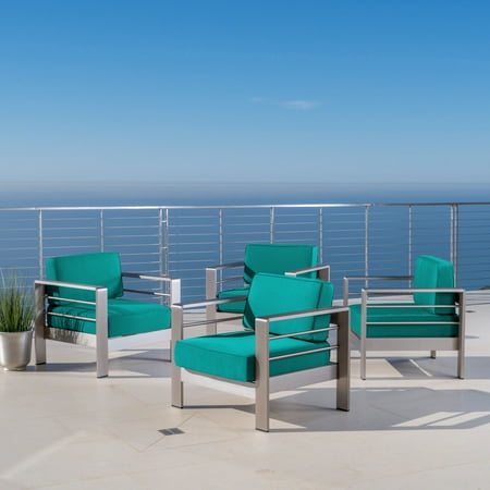 Teak Chair Cushions Danae Coral Outdoor Aluminum Club Chairs with Cushions (Set of 4), Silver and Canvas Teal Sunbrella (Optional Sunbrella Cushions) ()
