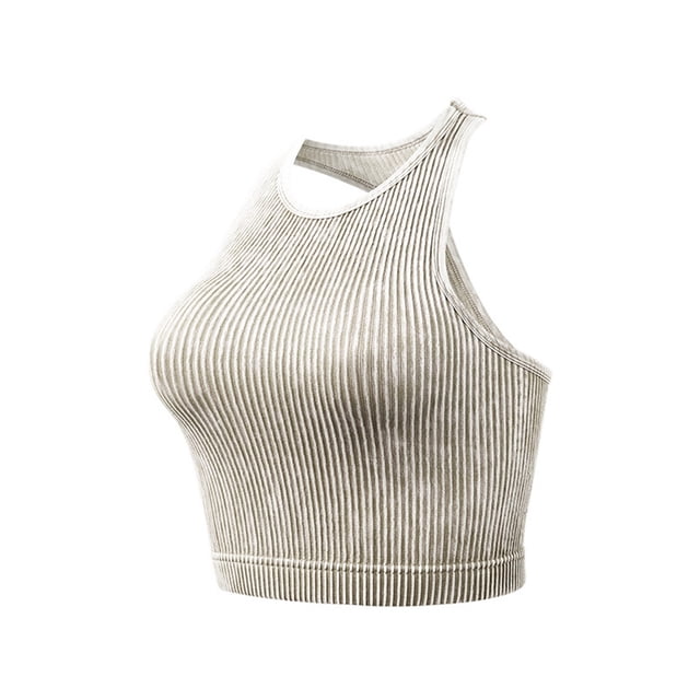 Womens Crop Solid Washed Seamless Rib-Knit Camisole Crop Tank Tops Quick Drying Bra Sports Bra