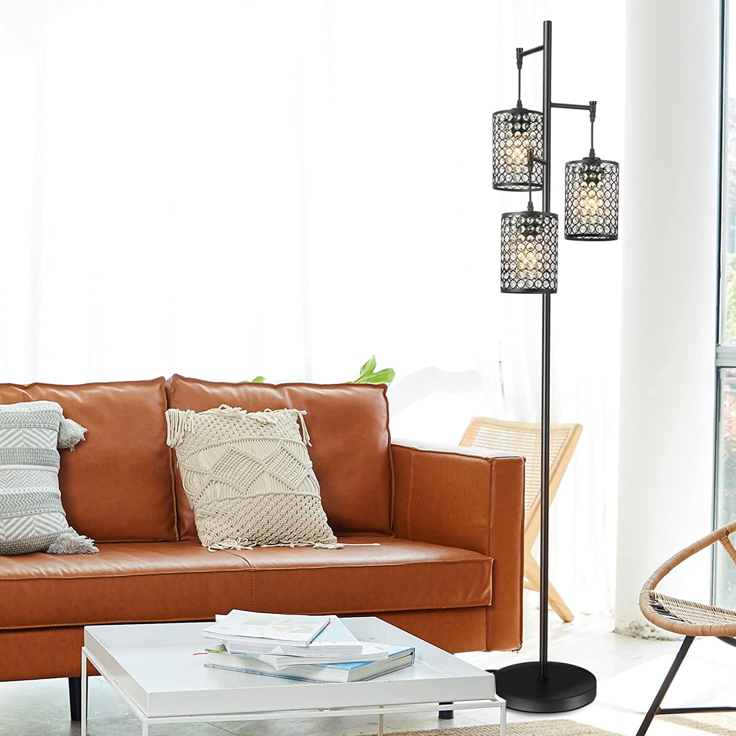 EE Eleven Master 3-Light Modern Black Tree Floor Lamp with Crystal Birdcage Shades