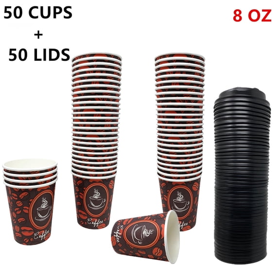 50 Count 8oz Disposable Paper Hot Coffee Cups with Lid, Perfect For Hot Drinks Tea & Coffee, Coffee Shops And Bars (Lids Included)