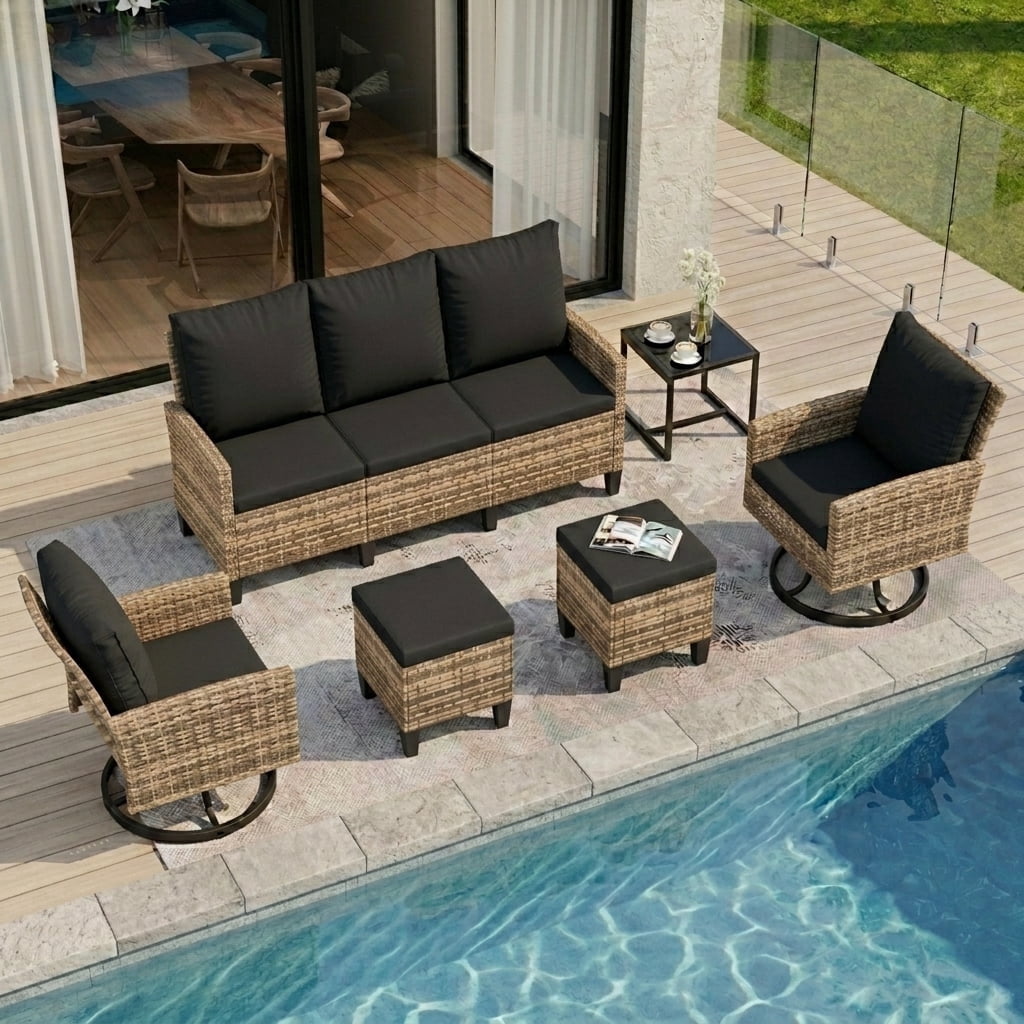 UDPATIO 6 Pieces Outdoor Conversation Set, All-Weather Wicker Rattan Patio Furniture Sofa Set with Ottoman and Swivel Chairs for Poolside, Backyard,Yellow Brown Wicker Black Cushions