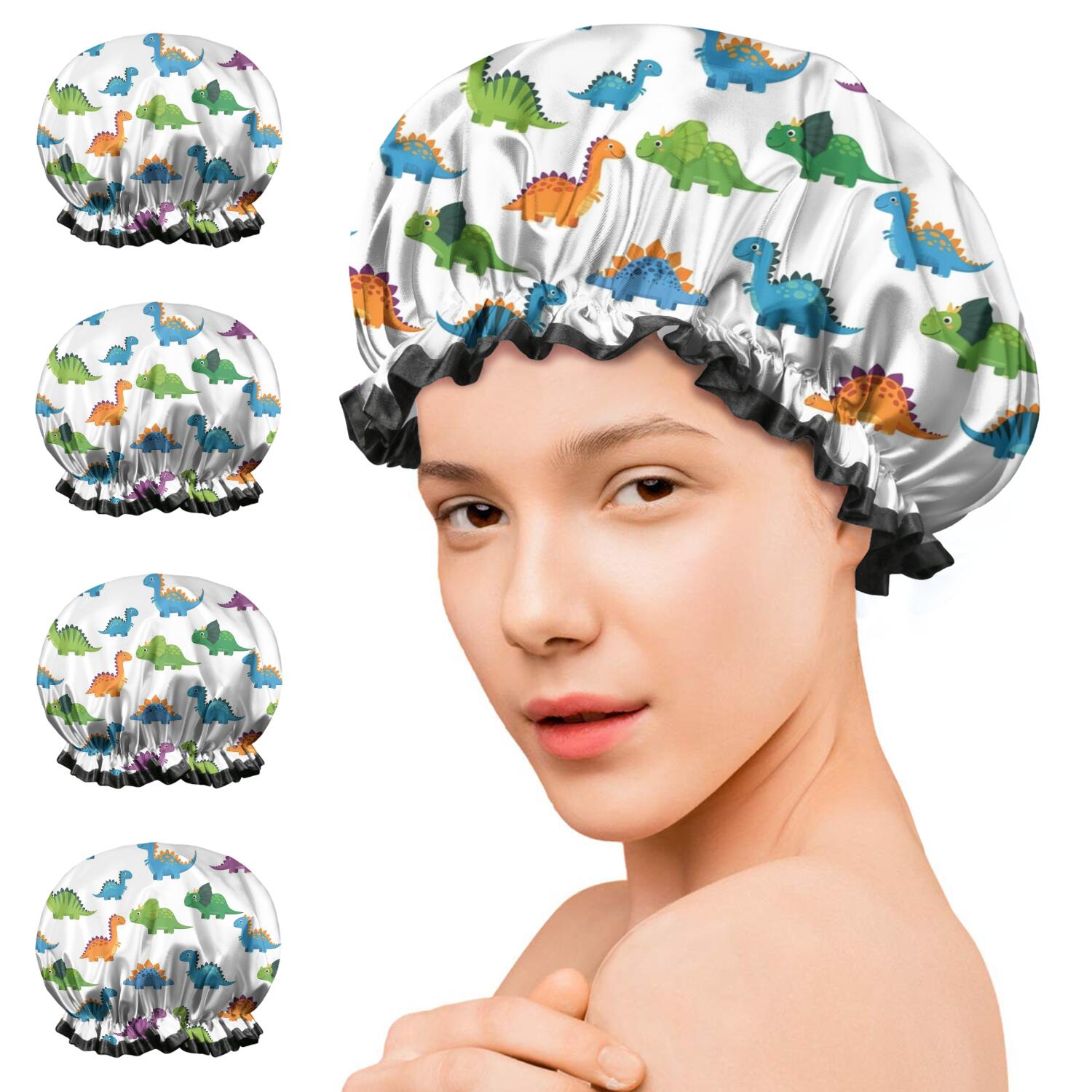 Shower Caps,White Dinosaurs Pattern Waterproof Shower Cap for Women 4 Pieces,Double Reusable Hair Cover for Shower PEVA Elastic Stretch Hem
