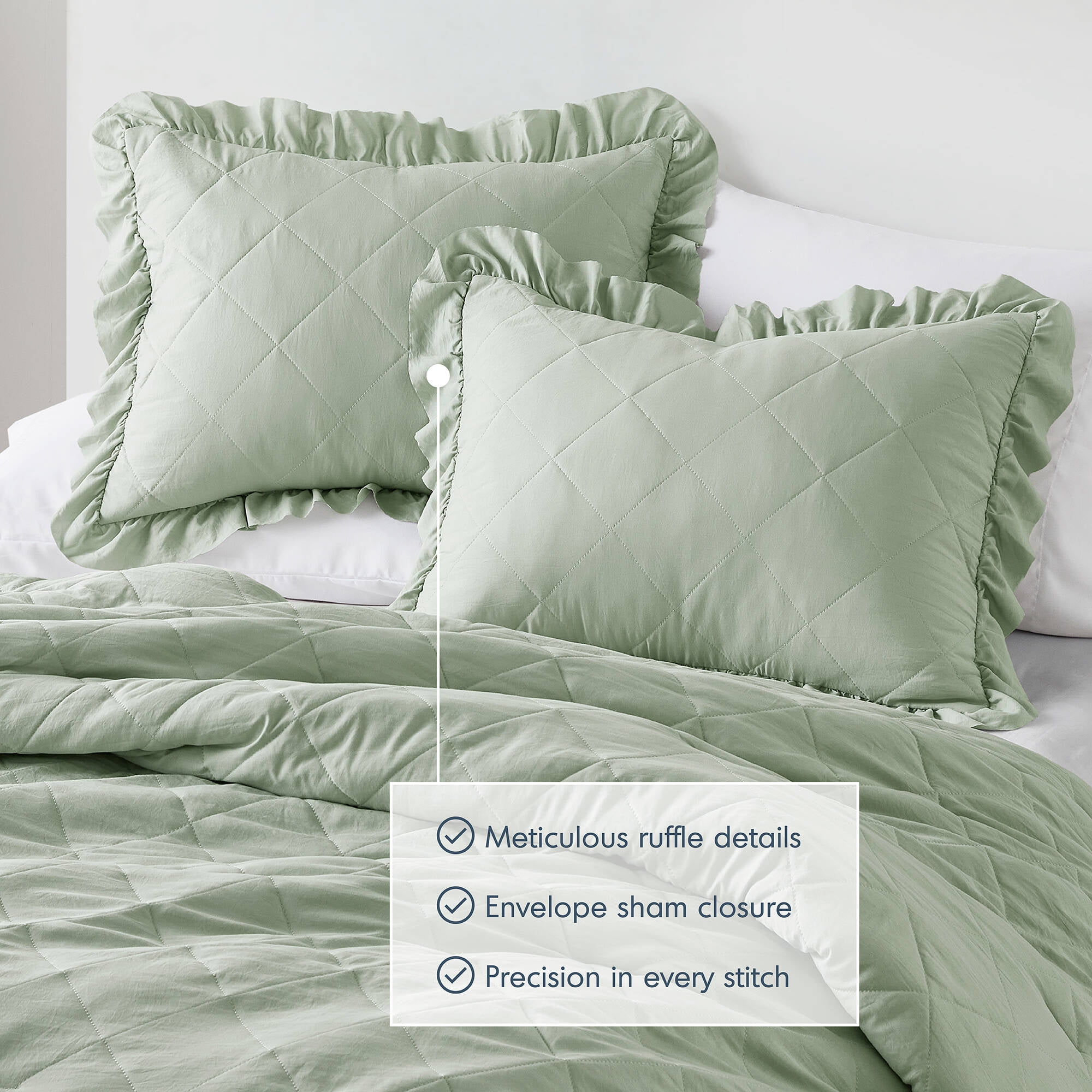 Regency Heights Full/Queen Comforter Set Sage, 3 Pieces Quilted Ruffle Comforters Full/Queen Size, Solid Bedding Comforters Sets, Gift for Women