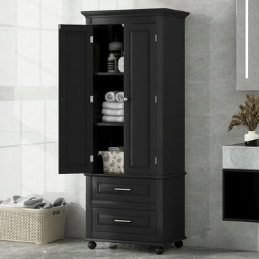 Tall Black Storage Cabinet Two Drawers Adjustable Shelf 62.5" Furniture Office Bathroom