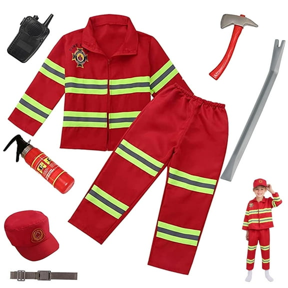 8Pcs Red Kids Fireman Costume Dress-up Set Pretend Role Play Firefighter Realistic Outfit Kit Gift Toys for Boys 3-6 Years Toddler Birthday Christmas Present