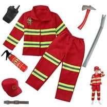 8Pcs Red Kids Fireman Costume Dress-up Set Pretend Role Play Firefighter Realistic Outfit Kit Gift Toys for Boys 3-6 Years Toddler Birthday Christmas Present