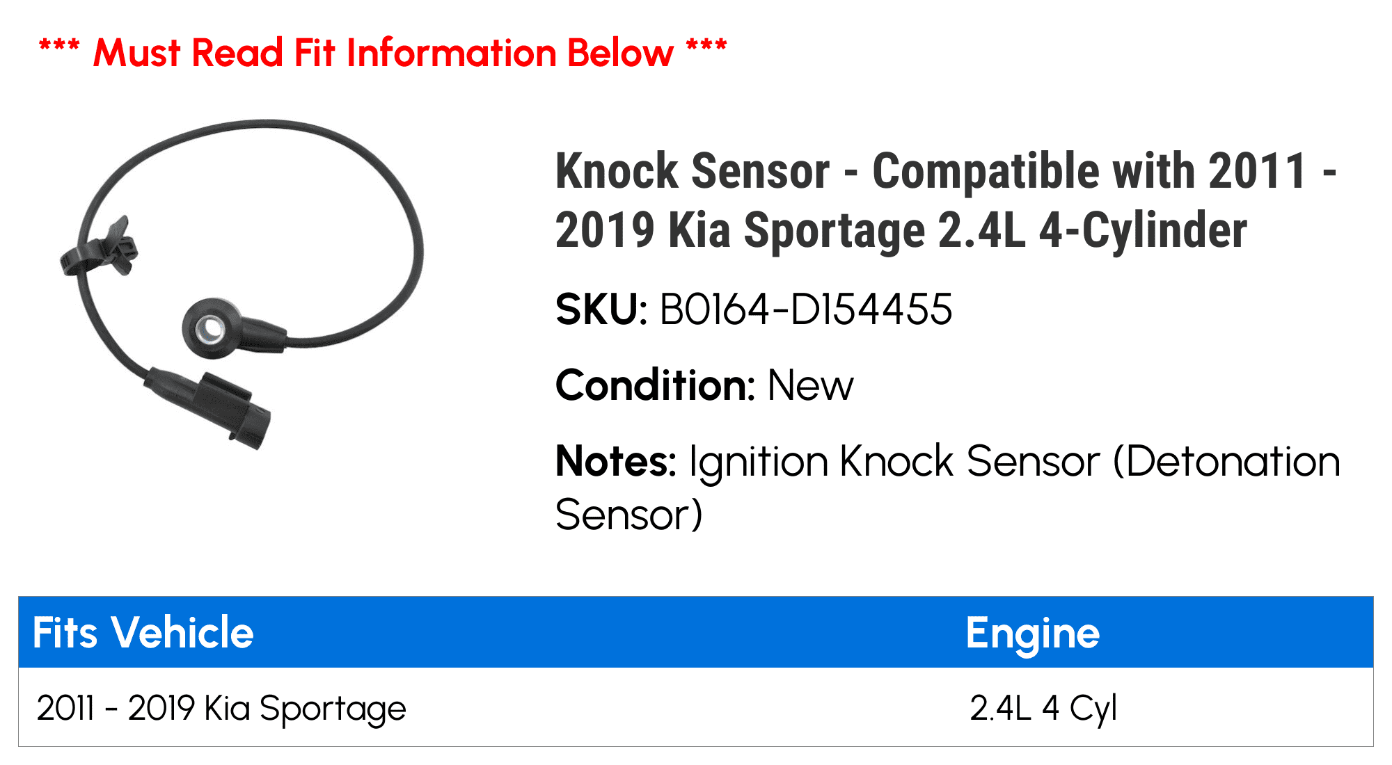 Knock Sensor - Compatible with 2011 - 2019 Kia Sportage 2.4L 4-Cylinder 2012 2013 2014 2015 2016 2017 2018