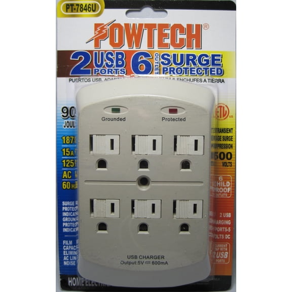 6 Outlet Surge Protector Wall Tap w/ 2 USB Ports - 900 Joules