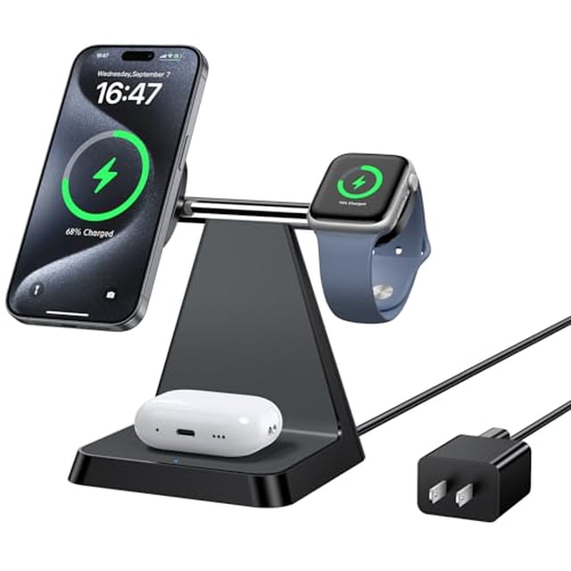 Estación de carga para múltiples dispositivos Apple: Woruda 3 en 1 Soporte de cargador inalámbrico magnético para iPhone Mag Safe - Base de carga de mesa de noche para iPhone 16 15 14 13 12 Pro Max Pl