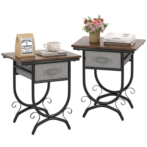 Topbuy Nightstand with Fabric Drawer Industrial 2-Tier Bedside Table with Storage