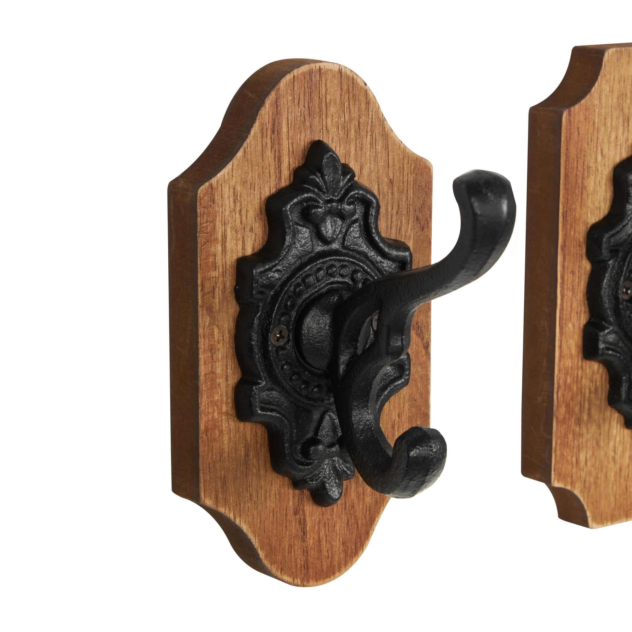 DecMode 4"W, 6"H Brown Wooden Vintage Inspired Fleur De Lis Wall Hook with Black Metal Hooks and Curved Edges, 3-Pieces