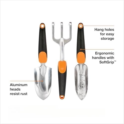 3-in-1 Garden Tool Set, Polished Cast-Aluminum Heads for Rust Resistance, Heavy-Duty Trowel, Transplanter & Cultivator for Digging and Planting, Non-Slip SoftGrip Handles Reduce Fatigue
