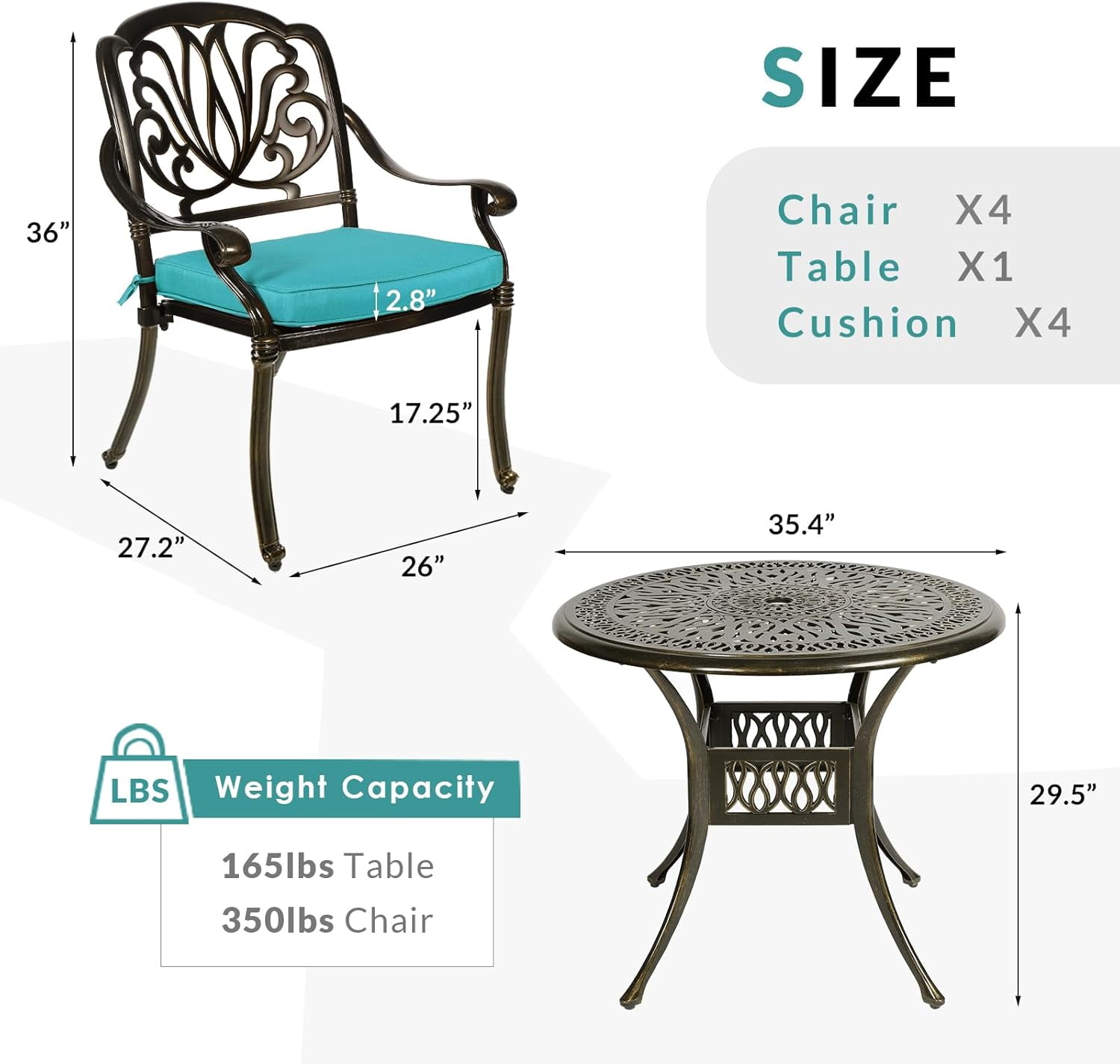 MEETWARM 5 Piece Outdoor Furniture Patio Dining Set, All-Weather Cast Aluminum Patio Table and Chairs Set- 4 Cushioned Chairs, 1 Round Dining Table with Umbrella Hole for Backyard, Ocean Blue