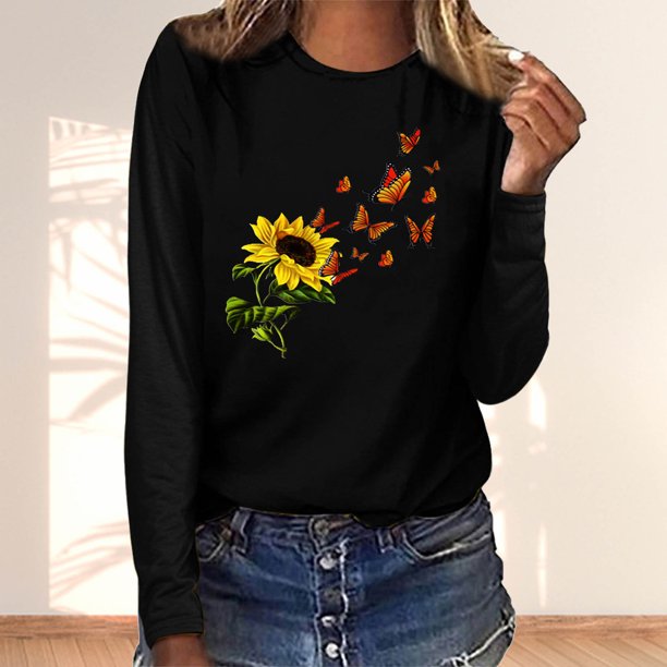 ICHUANYI Liquidación Camisa de Cuello Redondo de Manga Larga con Estampado de Girasol a la Moda para Mujer Suelta Informal ICHUANYI WER202308247225