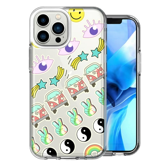 MUNDAZE For Apple iPhone 13 Pro Max 70's Yin Yang Peace Hippie Stars Design Double Layer Phone Case Cover
