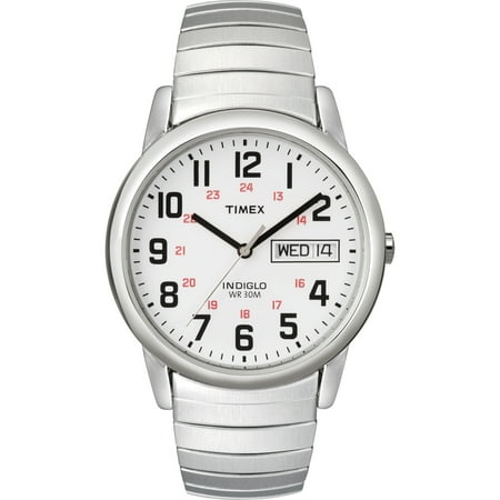 Timex Men's Easy Reader Day-Date Silver/White 35mm Casual Watch, Extra-Long Expansion Band