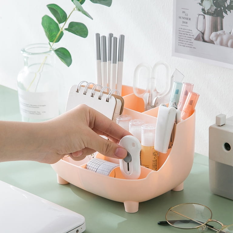 Desk Organizer With Drawer - 6 Compartments & 2 Drawers, White Plastic Storage Box For Makeup Or Office