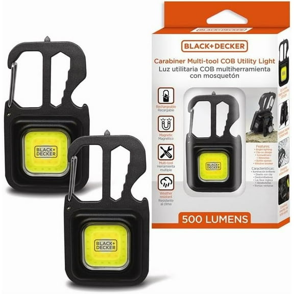 BLACK DECKER Multi-Tool Flashlight, 500LM Carabiner USB Rechargeable Multitool with Wrench, Screwdrivers, Bottle Opener, Glass Breaker, Clip-On, Magnetic, Stand, IP44 Weather-Resistant (Two Pack)