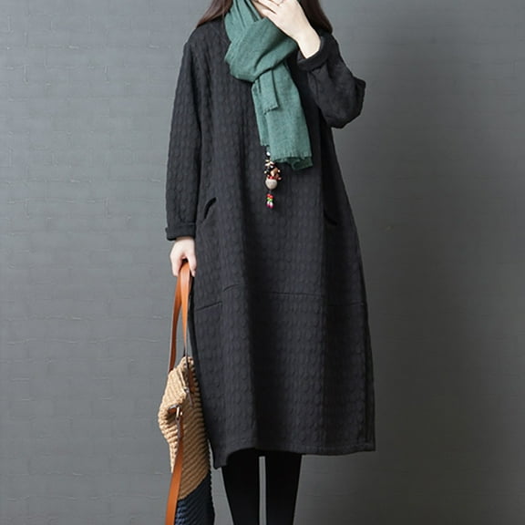 Drses Women's Linen Shirt Dress High Waist Loose Long Sleeve Pockets Retro Tunic Ethnic Clothing