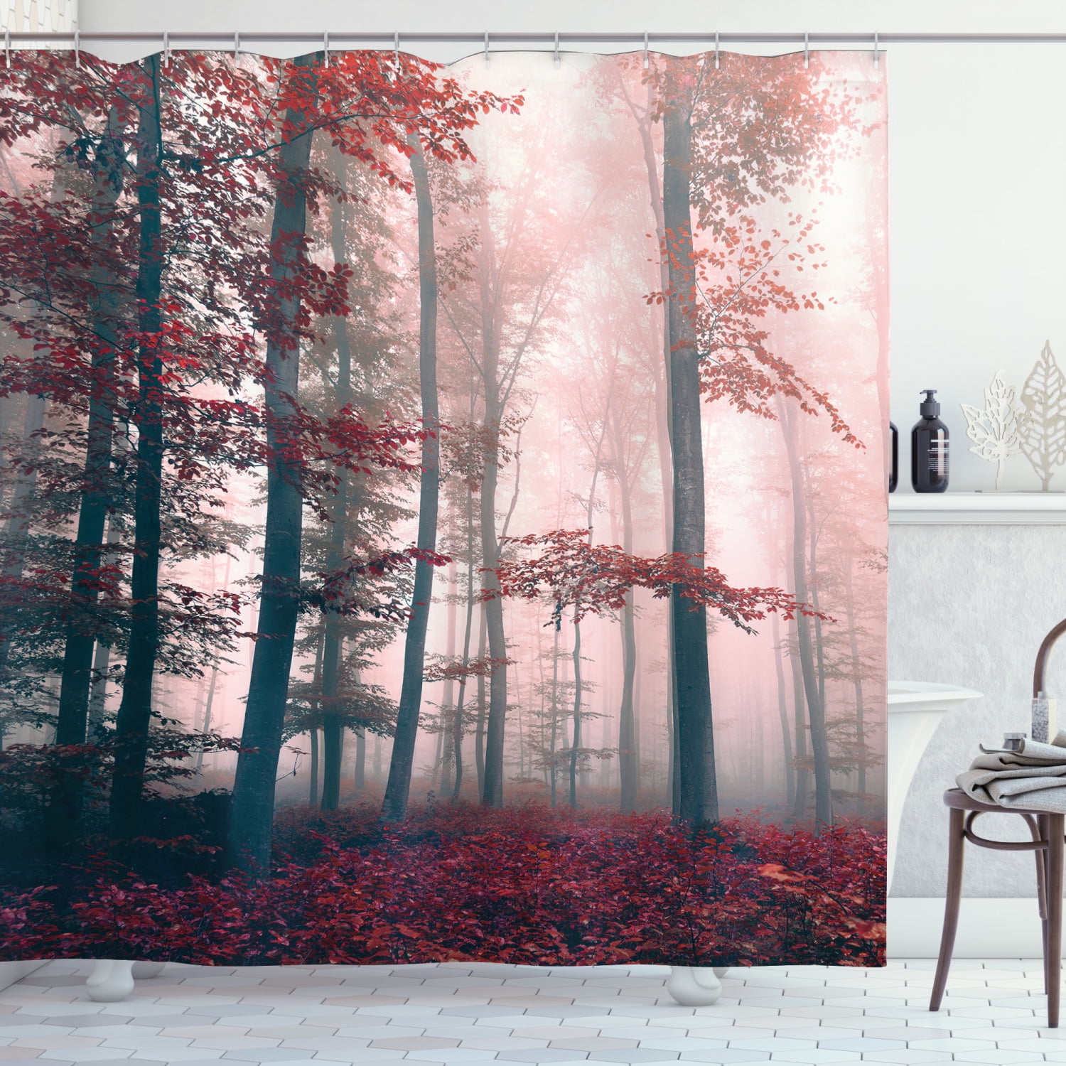 Misty and autumn forest Shower Curtain Bathroom Decor Fabric & 12hooks 71"