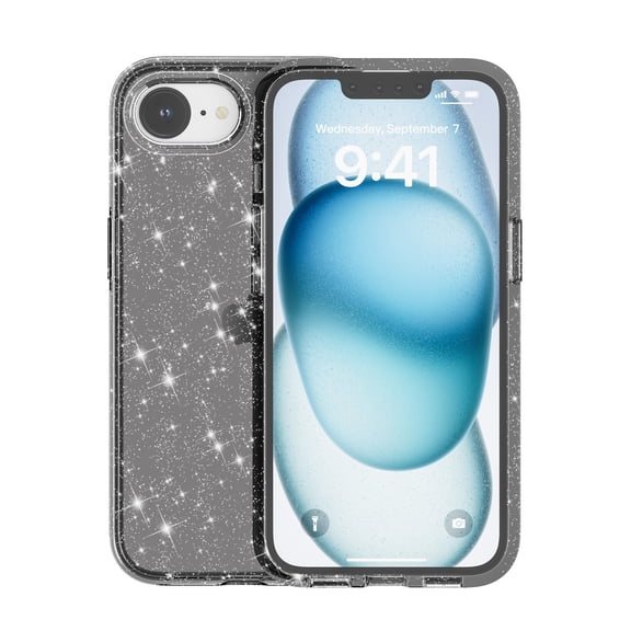 KOMI for iPhone 16e Case with Screen Protector, Clear Glitter [Non Yellowing] Shockproof Protective Phone Case, Slim Women Girls iPhone 16e Cover 6.1 inch Black Glitter