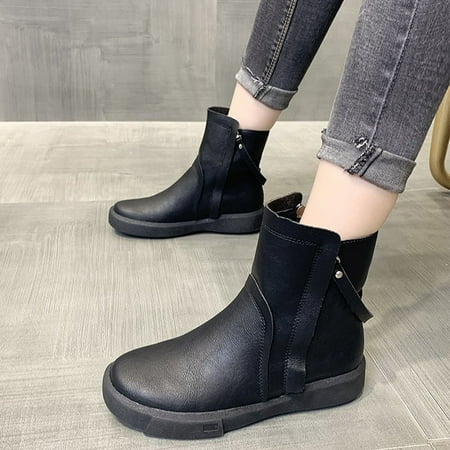 

OAVQHLG3B Wedge Sandals for Women Clearance Women s Shoes Round Toe Solid Color Side Zip Casual Retro Flat Heel Boots