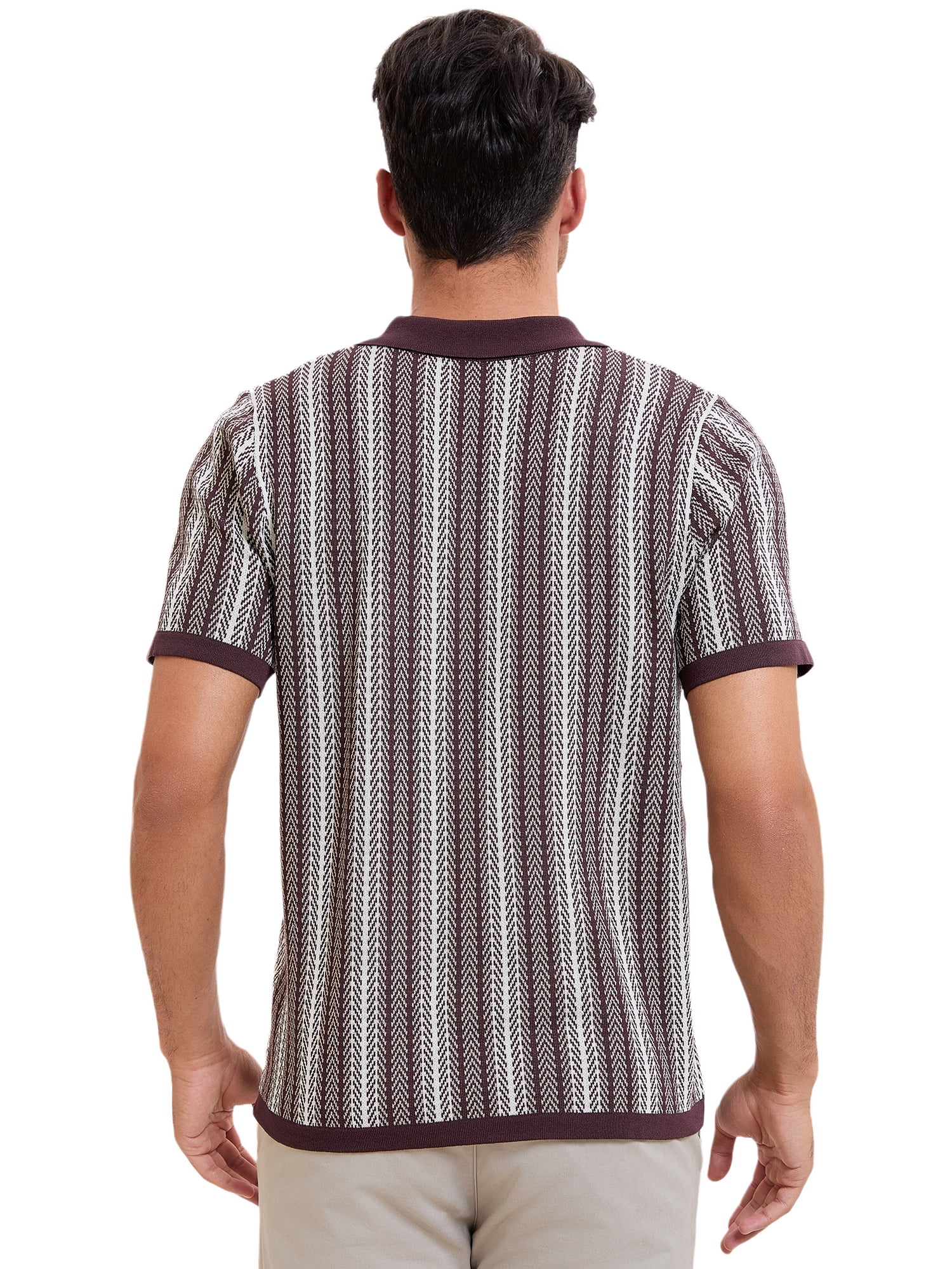 DARING DIVA Men's Striped Short Sleeves Button Down Jacquard Polo Shirts XL Light Brown