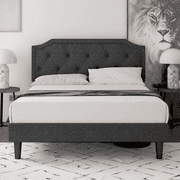 Einfach Platform Bed with Button Tufted Headboard, Dark Grey, Full