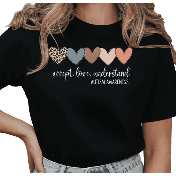 UNISHE Women's Awareness "Accept, Love, Understand" Hearts Graphic Short Sleeve T-Shirt Casual Cotton Crewneck Top