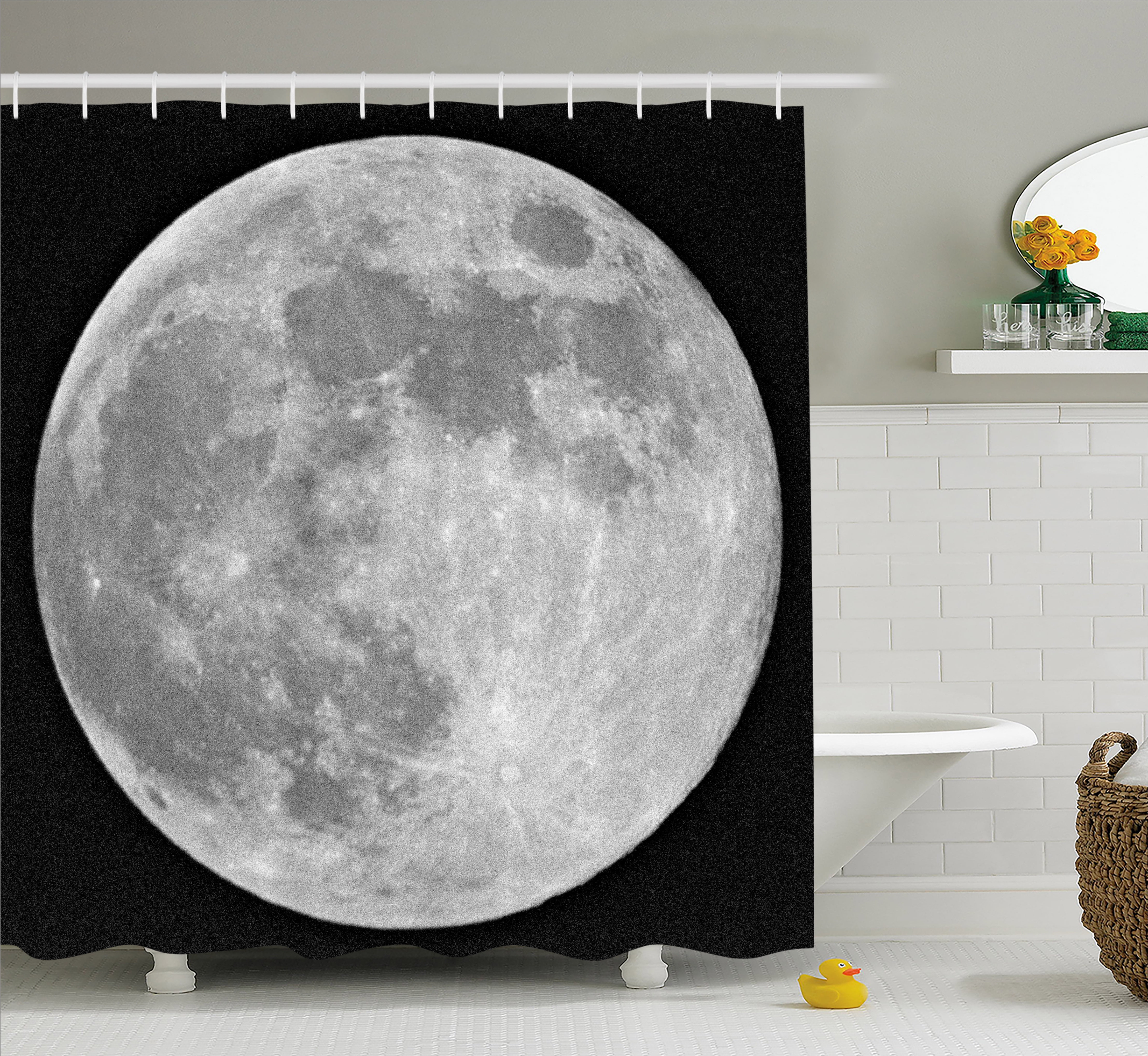 Moon Shower Curtain Black And White Full Detailed Photography Of Heavenly Space Themed Image Fabric Bathroom Set With Hooks 69w X 84l Inches
