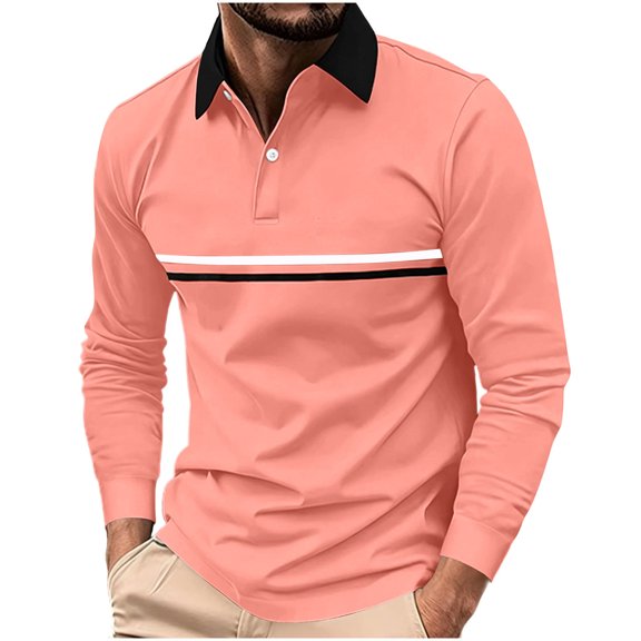 Rvwovn Men's & Big Men's Long Sleeve Golf Shirt S-5XL Striped Chest Casual Pullover Collar Top
