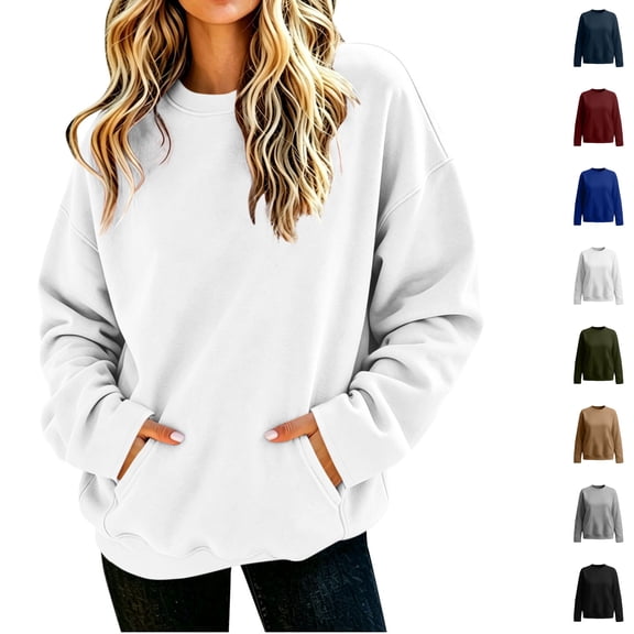 hoksml Women Oversized Crew Neck Sweatshirt, Long Sleeve Pullover Top with Side Pockets, Loose Fit Solid Color Casual Daily Wear Sweatshirt