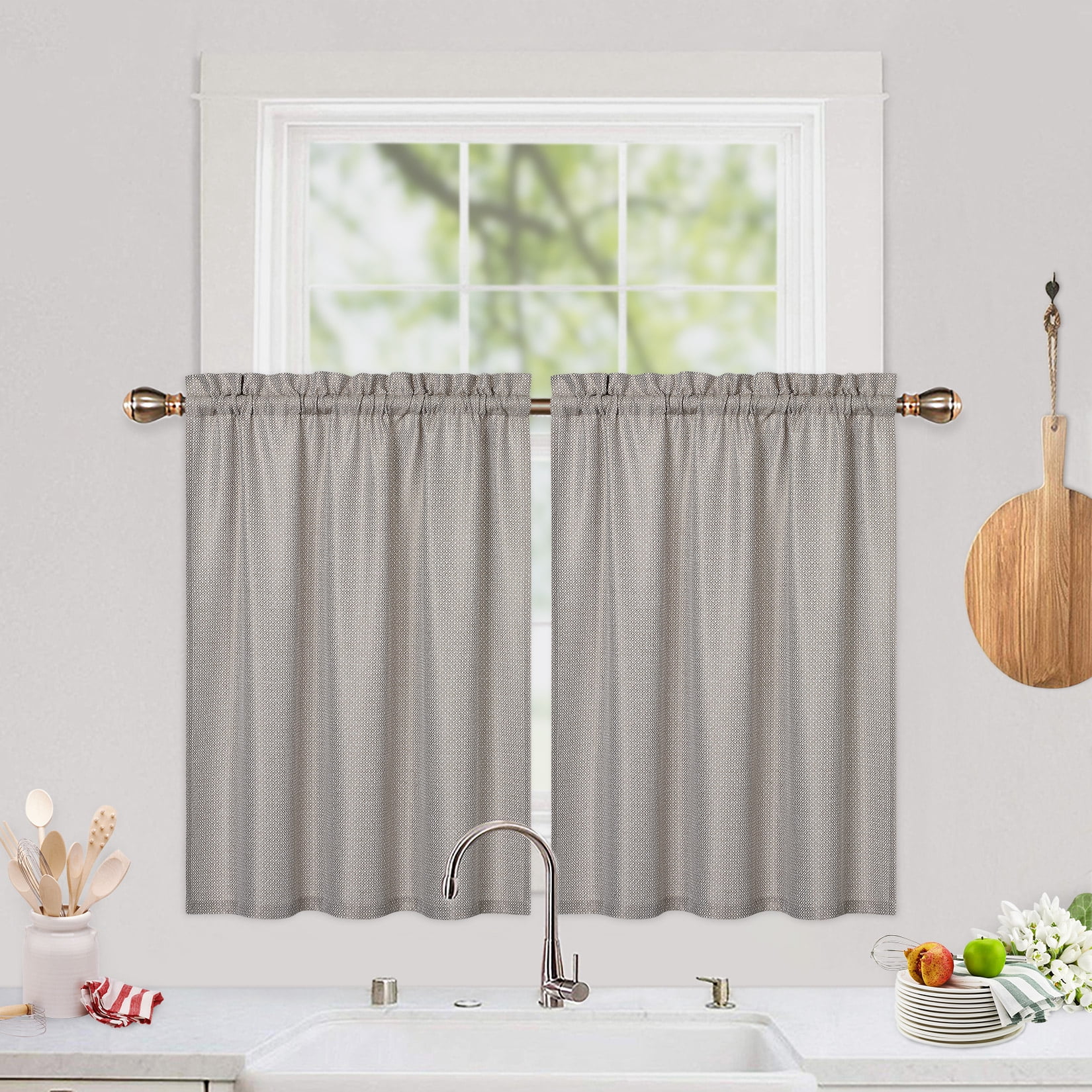 Set of 2 Waterproof Shot Window Curtains for Bathroom Half Window Treatment Curtains Cafe Curtains 30 x 24 Grey Haperlare Waffle-Weave Textured Tier Curtains for Kitchen
