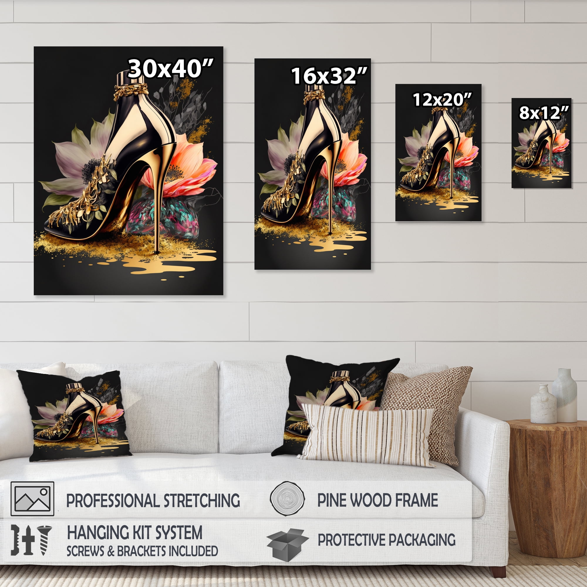 Designart Black And Gold High Heel Shoe I Canvas Wall Art