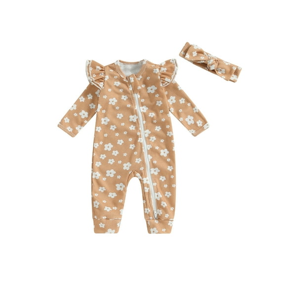 Bagilaanoe Newborn Baby Girl Casual Jumpsuits Floral Print Long Sleeve Bodysuits + Headband 3M 6M 12M 18M 24M Infant Ruffle One Piece Rompers