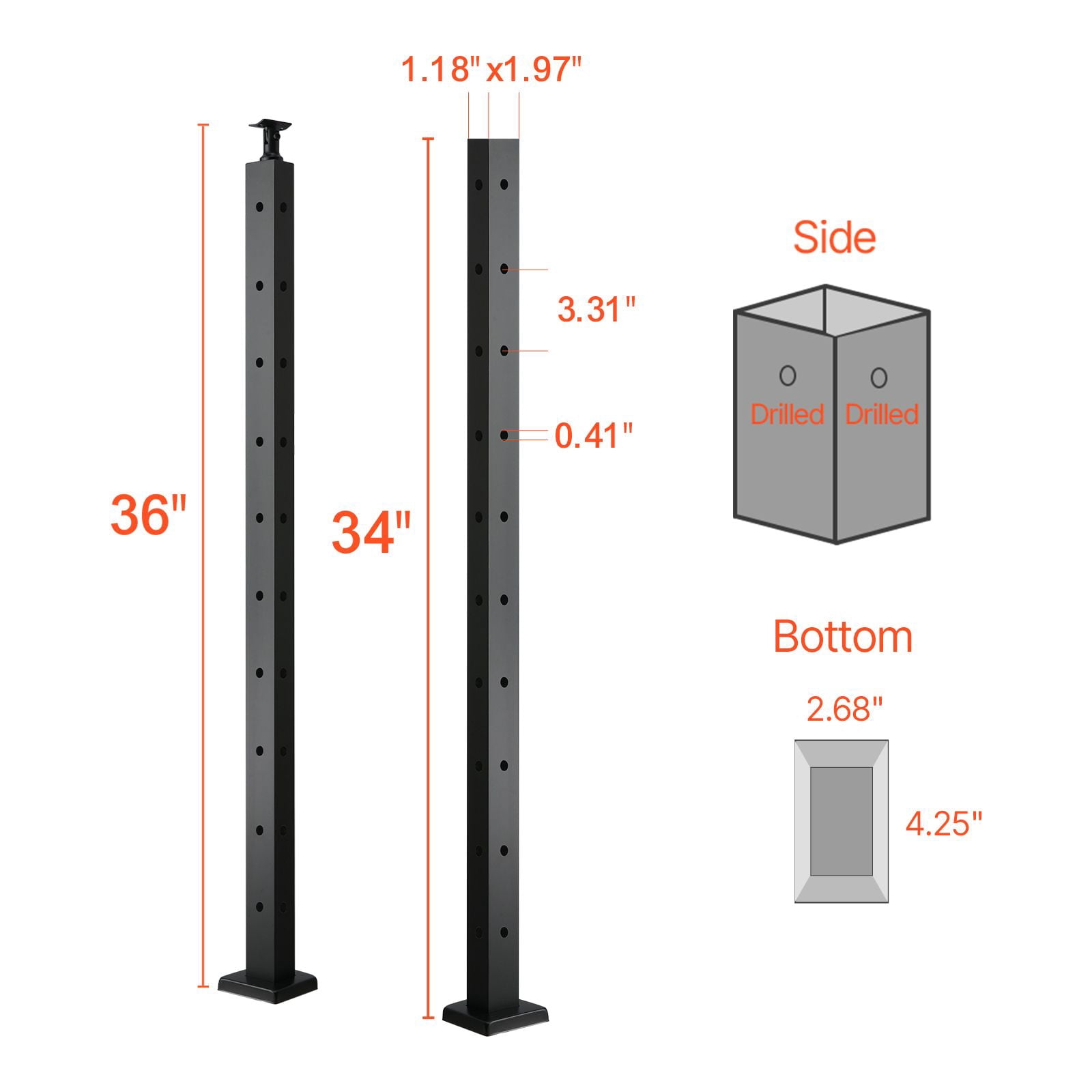 Cable Railing Post, L-Type Hole Design, 42" Height, SUS304 Stainless Steel, 3" Hole Spacing, for Corner Installation, Deck, Stair, Patio & Balcony Railing