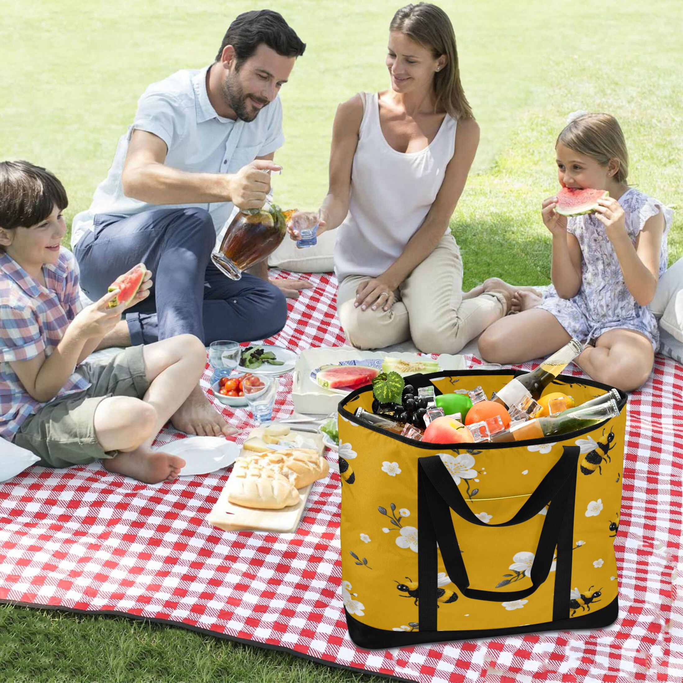 Extra-Large Wide Opening Design Capacity Hand-Held Ice Pack Thickened Insulation Layer For Long-Lasting Cold Retention For Outdoor Shopping Picnics And Camping Cute Cartoon Bees