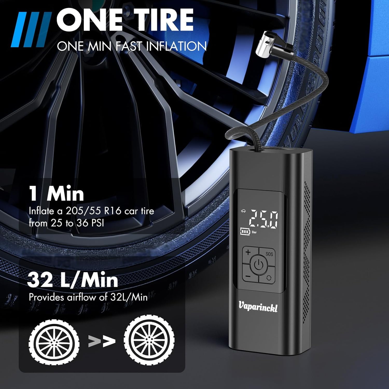 Portable Tire Inflator - 160PSI Cordless Air Compressor With Digital Gauge & LED Light