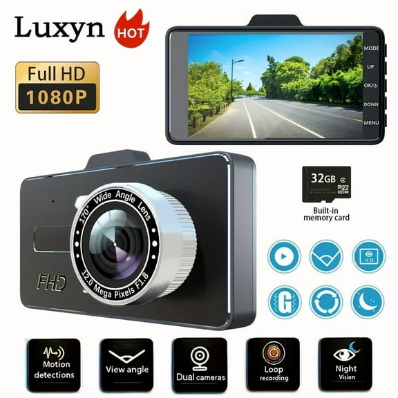 1080P Full HD Dash Cam with Front & Rear View, 4-Inch Touch Screen, G Sensor, Loop Recording, Suction Cup Mount, Night Vision, Wide-Angle, 32GB Memory Card Included - Fit for All Vehicles